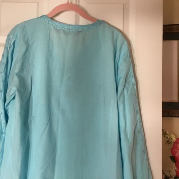 Double Decker Women’s Size Plus Light Turquoise Tunic Top with Embroidery Detail - Picture 7 of 11